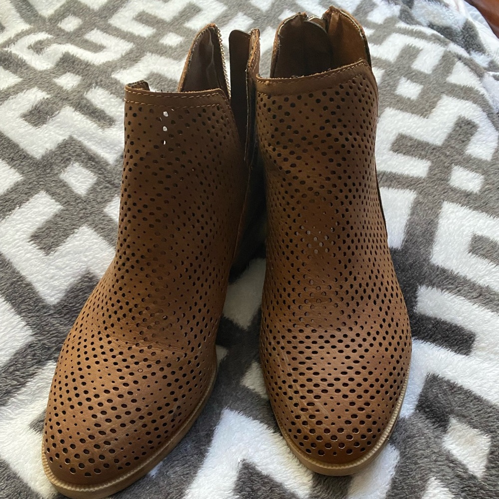 Tan breathable, low heel booties